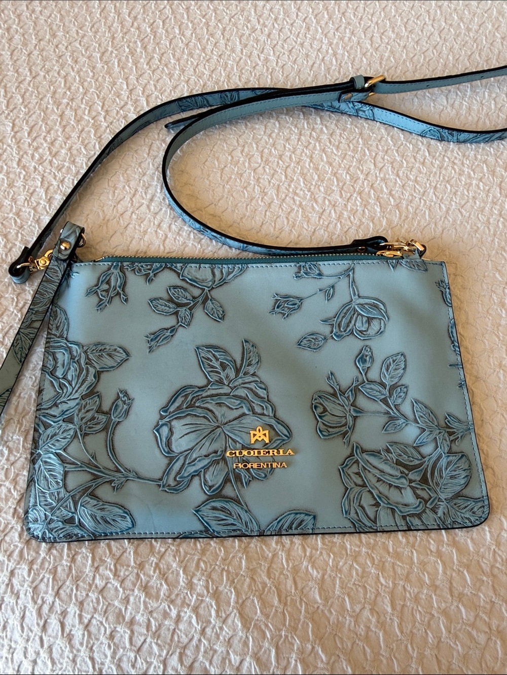 Cuoieria Fiorentina Blue Leather Floral Embossed Crossbody. Made in Italy - Picture 11 of 13